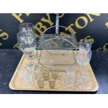 Tray of Art Deco chrome and glass sandwich or cake stand with various other glass including four