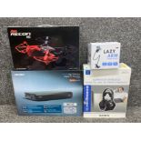 Total of 4 items to include Ares Recon quadcopter (drone) with HD camera, Bush HD digital tv