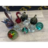 Box containing a total of 10 glass items (clear & coloured) includes animals & paperweights
