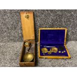 Vintage boxed brass balance scale and lather