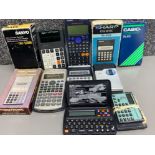 Box containing vintage calculators & tape voice recorders