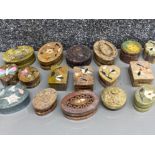 Tray containing 17 vintage hand carved soapstone lidded trinket boxes