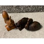 3x Japanese handmade wood carving Netsuke’s - Cockerel, Flamingo & flying insect