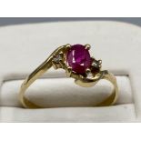 Possible 10kt yellow gold ring with large pink stone and shoulder diamonds, size P1/2 1.4g