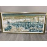 Large contemporary framed oil on board painting of boats in North Shields, signed & dated bottom rig
