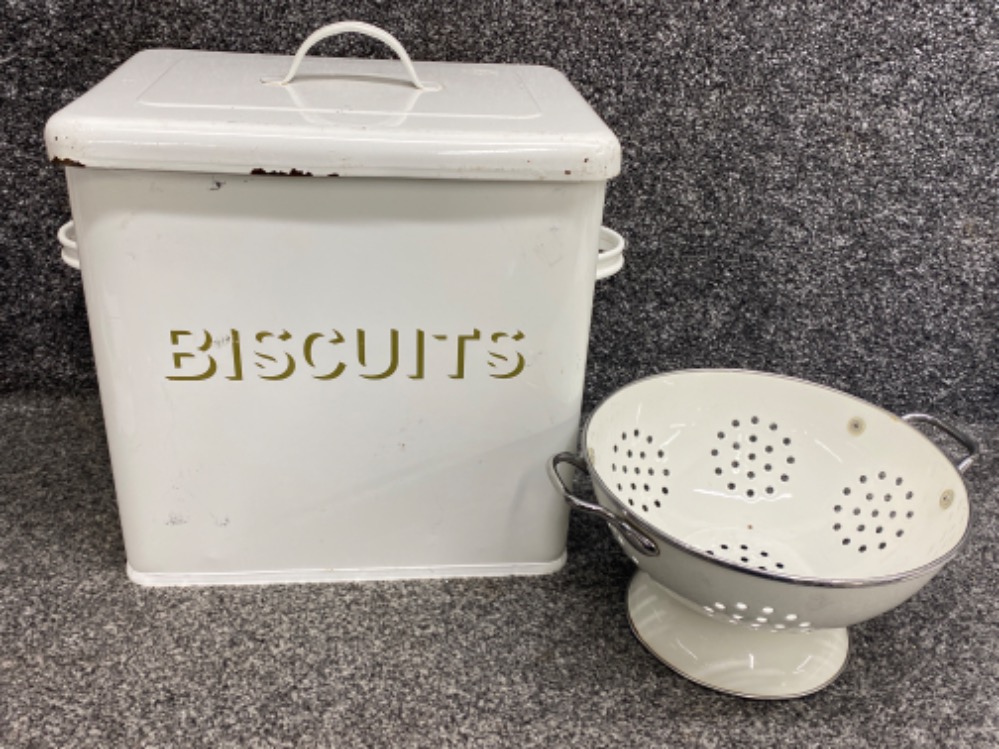 Large Vintage metal Biscuit bin & colander