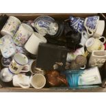 Box of miscellaneous items including China, camera, crystal owl in dome display & commemorative