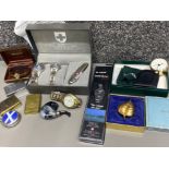 Box containing novelty petrol flip lighters, NSA steel watch & knife set, unopened Marlboro