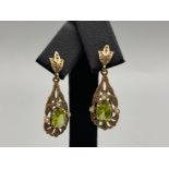 Pair of 9ct yellow gold Victorian style earrings with large green stone and 3 pearls, 3.7g