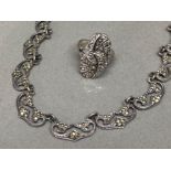 Silver & Marcasite 2 piece set, necklace & dress ring, 18.5G gross