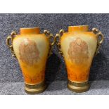 Pair of large 15” paper mache Japanese baluster vases with hand painted decoration