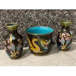 Good pair of 8cm cherry blossom cloisonne vases together with cup shape cloisonne dragon