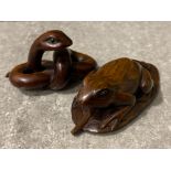 2x Japanese handmade wood carving Netsuke - Snake & Frog on leaf