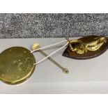 Brass wall hanging gong & beater on oval wooden base (Lizard design)