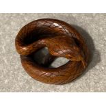 Japanese handmade wood carving Netsuke - King Cobra (coiled position)