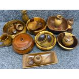 Variety of vintage hand carved wooden bowls, fruit, vases etc