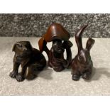 3x Japanese handmade wood carving Netsuke’s - Rabbit, Monkey with large mushroom & mother Dog with