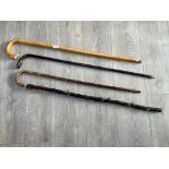 4 x walking sticks, ladies with silver collar and also Blackthorn