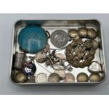Small tray of various pieces of Silver including fobs, RAF cap badge