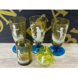 Total of 5 pieces of Mary Gregory coloured glassware - beakers, tankard etc