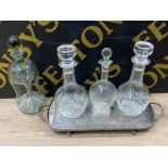 Silver plated twin handled tray, 3x decanters with stoppers & glug glug decanter