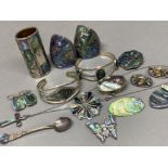 Large quantity of Mexican silver & Paua Shell items including cufflinks, brooches, bangles &