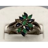 Silver emerald and sapphire cluster ring, 5g size R1/2