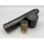 Brass 3 draw telescope clad in leather and leather medical container.