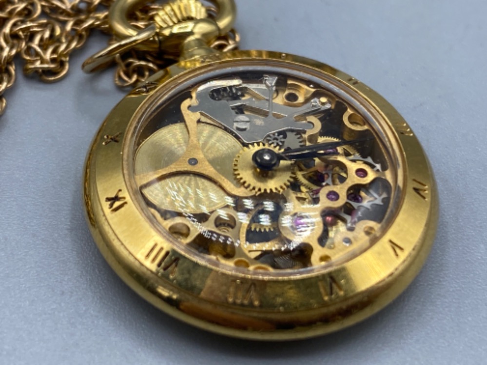 Gilt Skeleton pocket watch on 9ct yellow gold chain, 5.4g - Image 2 of 3