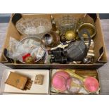 Mixed box lot to include silver plated, copper & brass ware, also includes dressing table set,