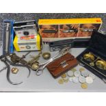Box containing 2x vintage cameras, 2x scales & leather wallet containing coins etc