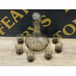 Whitefriars smoked glass decanter & 6 shot glasses