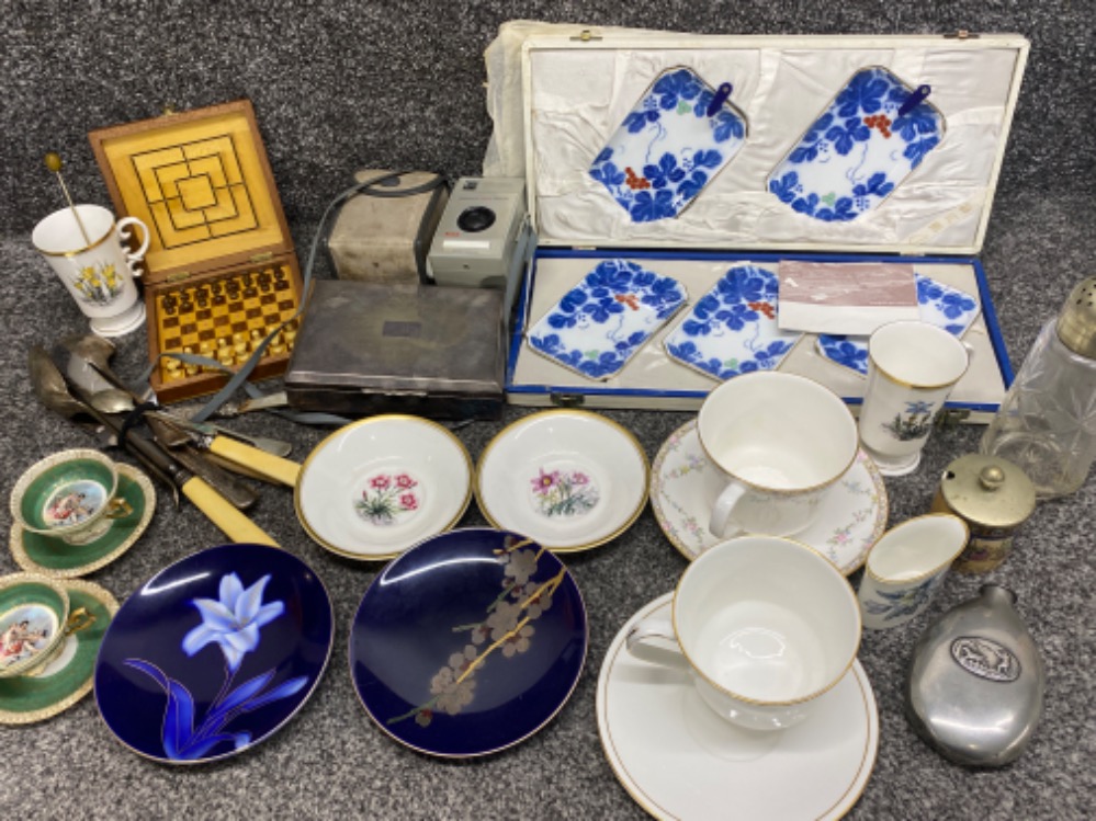 Box of miscellaneous items to include China, glass & silver plated cutlery, also includes pewter