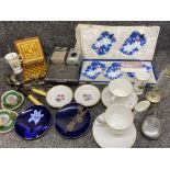 Box of miscellaneous items to include China, glass & silver plated cutlery, also includes pewter