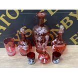 Mary Gregory Ruby glassware including pair of decanters with stoppers, vase & beakers etc