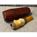 Boxed cheroot/cigar holder, meerschaum and amber with silver band