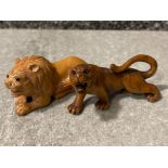 2x Japanese handmade wood carving Netsuke - Lion & Tiger