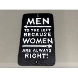 Cast metal novelty sign - Men to left because woman are always right