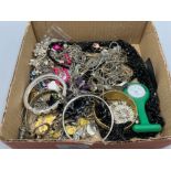 Small tray of jewellery including silver fobs, brooches, chains and old folk bangle