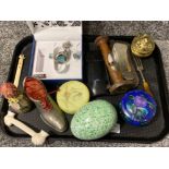 Tray of miscellaneous items to include watch set, vintage pin cushion in the form of a boot, darts