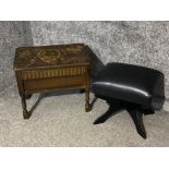 A dark wood sewing box also with a small metal studded leather stool