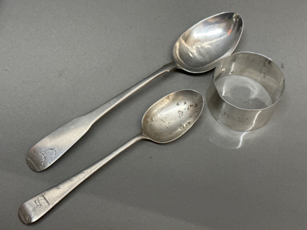 Hallmarked Birmingham silver 1945 napkin ring & 1890 Victorian teaspoon plus 1 other silver spoon ( - Image 2 of 2