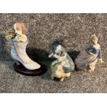 2 Lladro figures with slight damage ‘dog in shoe’ ‘ lady with umbrelly’ also with a Nao by Lladro