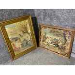 2x framed (1 in gilt) tapestries - lute player & family themed - 78x61.5cm - 57x69cm