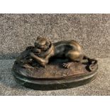 20th century bronze sculpture of panther and crocodile fighting on verde marble stand also signed at
