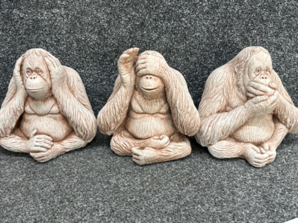 Set of 3 wise monkeys stone garden ornaments (Orangutans) see, hear & speak no evil - H22cm