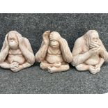Set of 3 wise monkeys stone garden ornaments (Orangutans) see, hear & speak no evil - H22cm