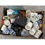 Box of miscellaneous items to including China, camera, crystal owl in dome display & commemorative