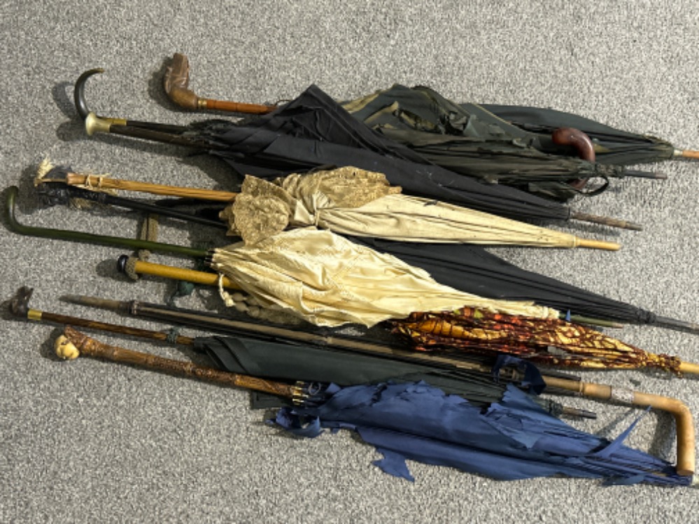 Total of 10 vintage (some older) parasol/umbrellas, some with silver & gold plated rings, various
