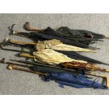 Total of 10 vintage (some older) parasol/umbrellas, some with silver & gold plated rings, various